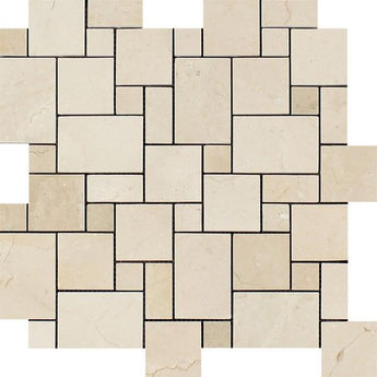 Crema Marfil Polished Marble Mini Versailles Pattern Mosaic Tile.