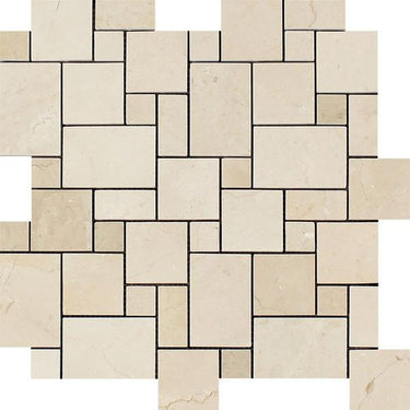 Crema Marfil Polished Marble Mini Versailles Pattern Mosaic Tile.