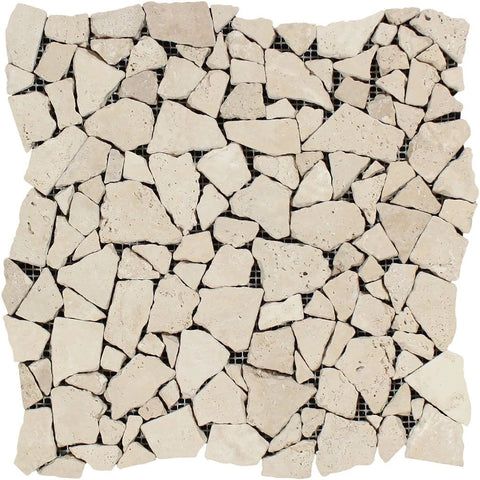 Ivory Tumbled Travertine Random Broken Mosaic Tile.