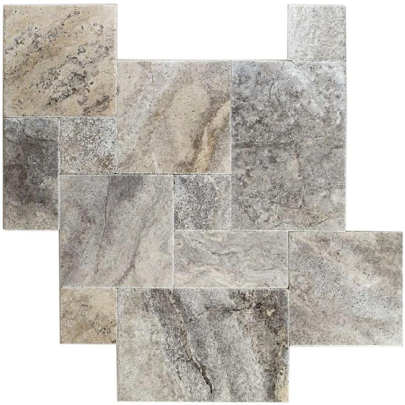 Silver Travertine Brushed and Chiseled Versailles Pattern Tile (French Pattern).
