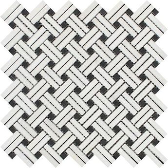 Thassos White Polished Marble Stanza Mosaic Tile w/ Black Dots.