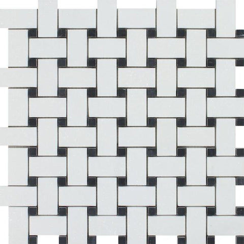 Thassos White Honed Marble Basketweave Mosaic Tile w/ Black Dots.