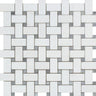 Thassos White Honed Marble Basketweave Mosaic Tile w/ Blue-Gray Dots.