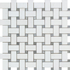 Thassos White Honed Marble Basketweave Mosaic Tile w/ Blue-Gray Dots.