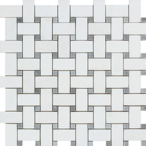 Thassos White Honed Marble Basketweave Mosaic Tile w/ Blue-Gray Dots.