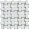 Thassos White Honed Marble Basketweave Mosaic Tile w/ Ming Green Dots.
