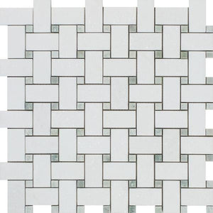 Thassos White Honed Marble Basketweave Mosaic Tile w/ Ming Green Dots.