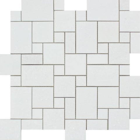 Thassos White Honed Marble Mini Versailles Pattern Mosaic Tile.
