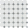 Thassos White Honed Marble Octagon Mosaic Tile w/ Blue-Gray Dots.
