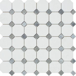 Thassos White Honed Marble Octagon Mosaic Tile w/ Blue-Gray Dots.