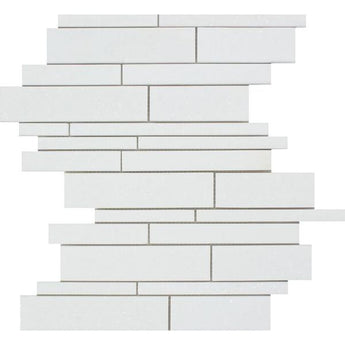 Thassos White Honed Marble Random Strip Mosaic Tile.
