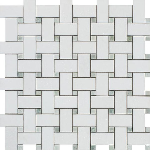 Thassos White Polished Marble Basketweave Mosaic Tile w/ Ming Green Dots.