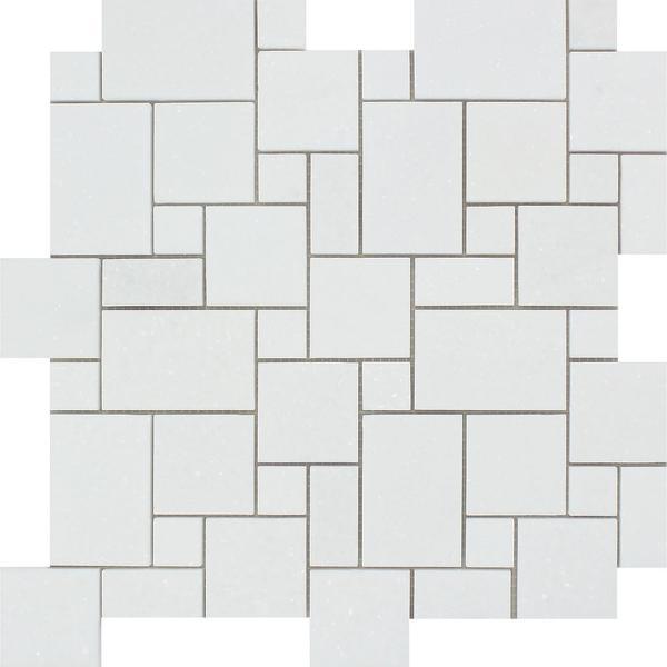 Thassos White Polished Marble Mini Versailles Pattern Mosaic Tile.