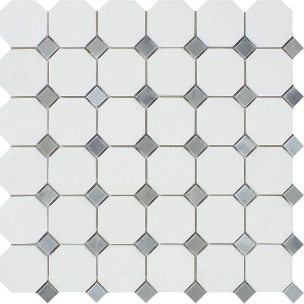 Thassos White Polished Marble Octagon Mosaic Tile w/ Blue-Gray Dots.