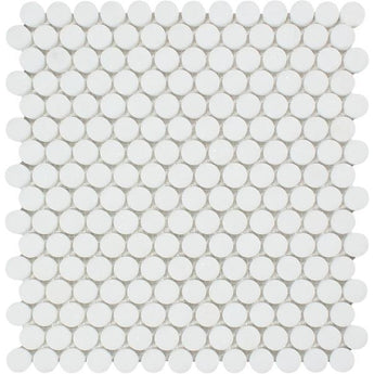 Thassos White Polished Marble Penny Round Mosaic Tile.