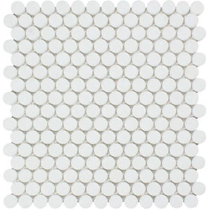 Thassos White Polished Marble Penny Round Mosaic Tile.