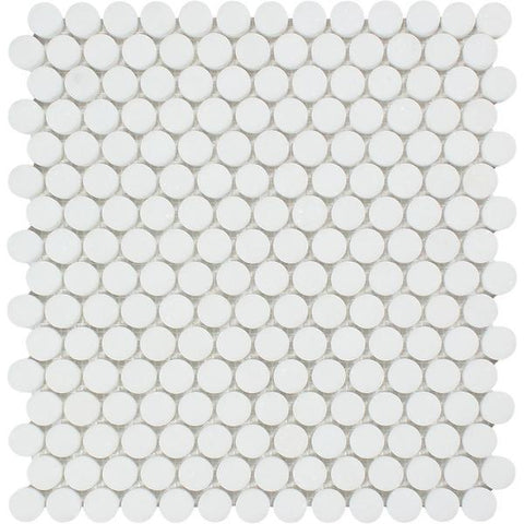 Thassos White Polished Marble Penny Round Mosaic Tile.