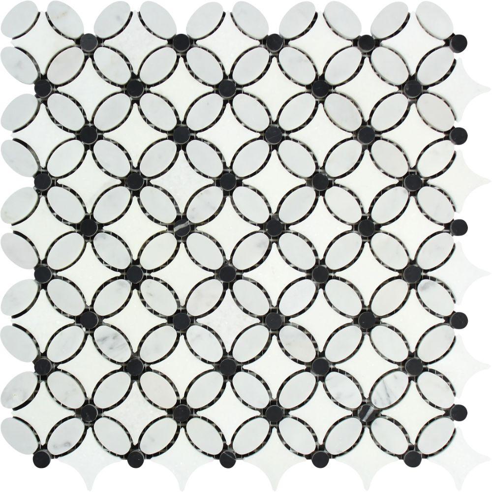 Thassos White Honed Marble Florida Flower Mosaic Tile (Carrara + Thassos (Oval) + Black (Dots)).