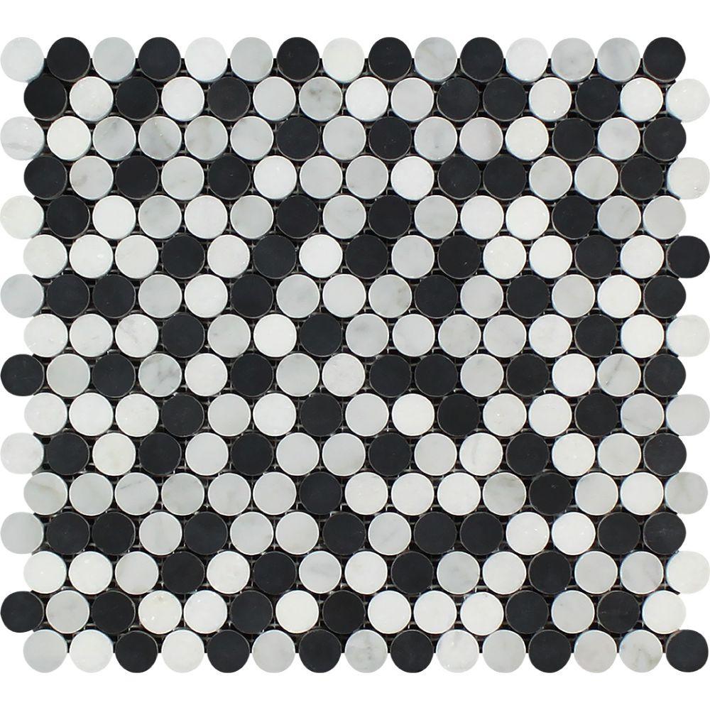 Thassos White Polished Marble Penny Round Mosaic Tile (Thassos + Carrara + Black).