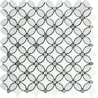 Polished Thassos White mosaic tile featuring Florida flower design with Carrara, blue-gray dots, and oval Thassos marble accents.