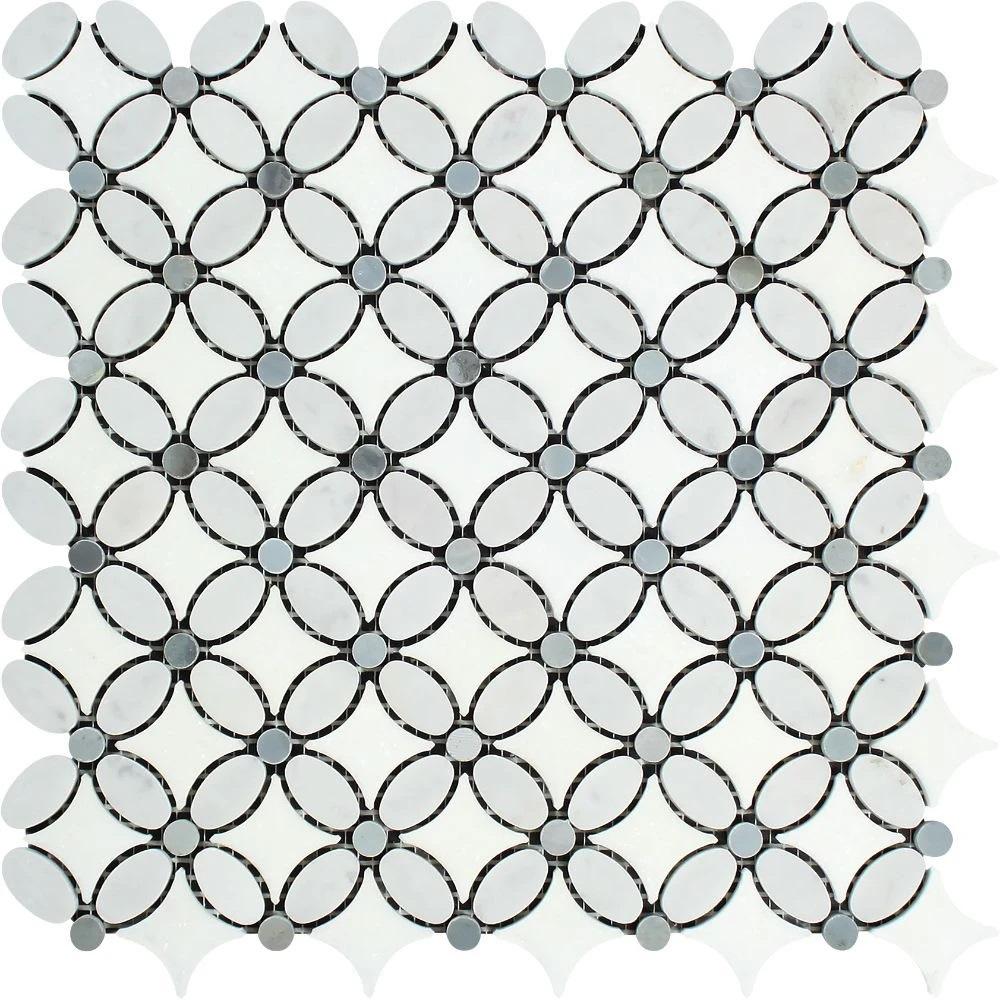 Thassos White Polished Marble Florida Flower Mosaic Tile (Carrara + Thassos (Oval) + Blue-Gray (Dots)).