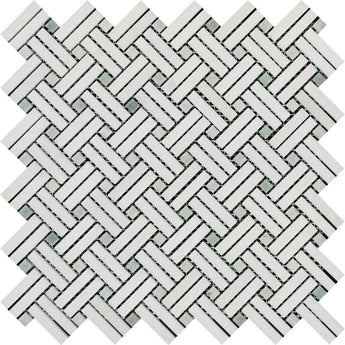 Thassos White Polished Marble Stanza Mosaic Tile w/ Ming Green Dots.