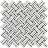 Thassos White Polished Marble Stanza Mosaic Tile w/ Ming Green Dots.