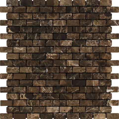 5/8 x 1 1/4 Tumbled Emperador Dark Marble Baby Brick Mosaic Tile.