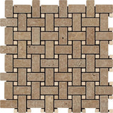 Noce Tumbled Travertine Basketweave Mosaic Tile w/ Ivory Dots.