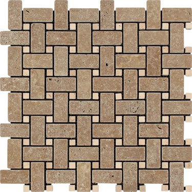 Noce Tumbled Travertine Basketweave Mosaic Tile w/ Ivory Dots.