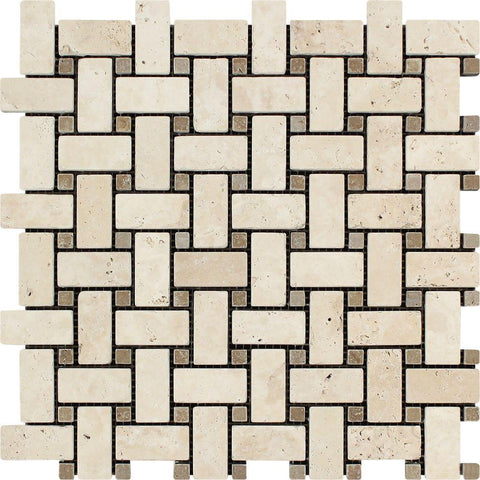 Ivory Tumbled Travertine Basketweave Mosaic Tile w/ Noce Dots.