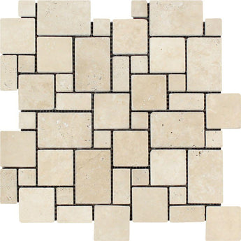 Ivory Tumbled Travertine Mini Versailles Pattern Mosaic Tile.