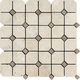 Ivory Tumbled Travertine Octagon Mosaic Tile w/ Noce Dots.