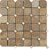Noce Tumbled Travertine Octagon Mosaic Tile w/ Ivory Dots.
