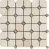 Ivory Tumbled Travertine Octagon Mosaic Tile w/ Noce Dots.