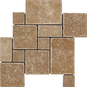 Noce Tumbled Travertine OPUS Mini Pattern Mosaic Tile (Interlocking).