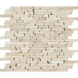 Ivory Tumbled Travertine Random Strip Mosaic Tile.