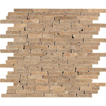 Noce Tumbled Travertine Random Strip Mosaic Tile.