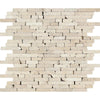 Ivory Tumbled Travertine Random Strip Mosaic Tile.