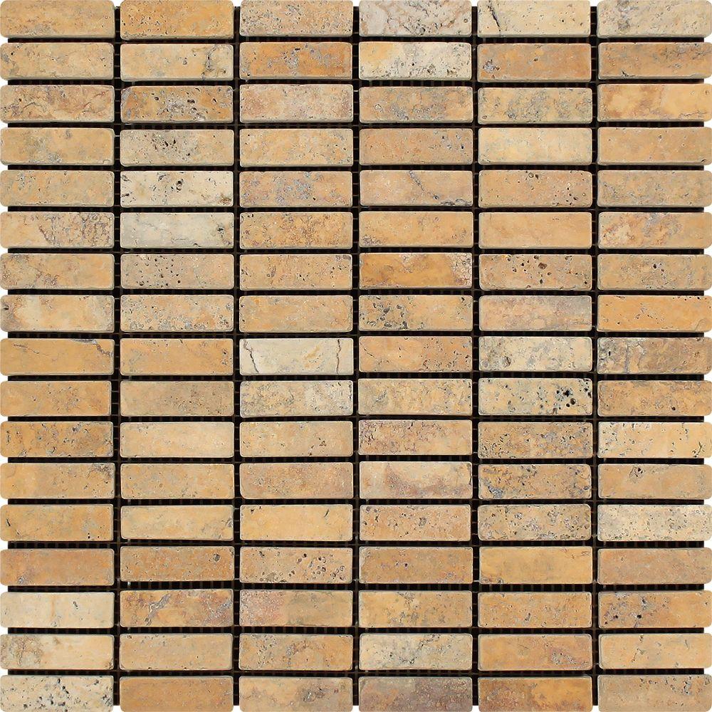 5/8 x 2 Tumbled Gold Travertine Single-Strip Mosaic Tile.