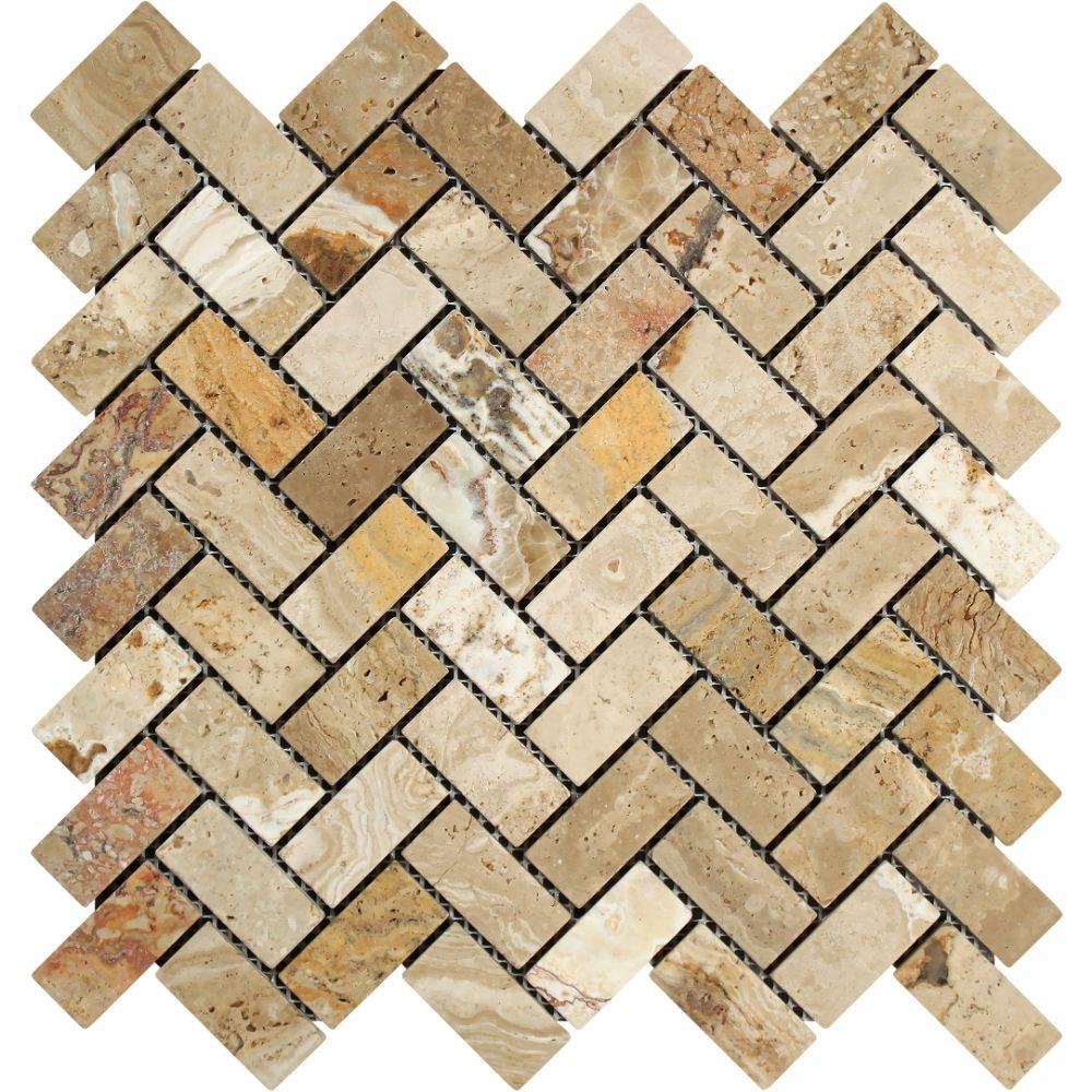 1 x 2 Tumbled Valencia Travertine Herringbone Mosaic Tile.